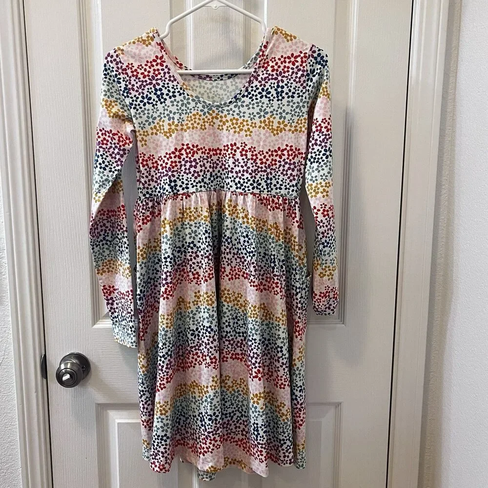 Hanna Andersson Long Sleeve Skater Dress Pockets Rainbow Floral Girls 150 US 12